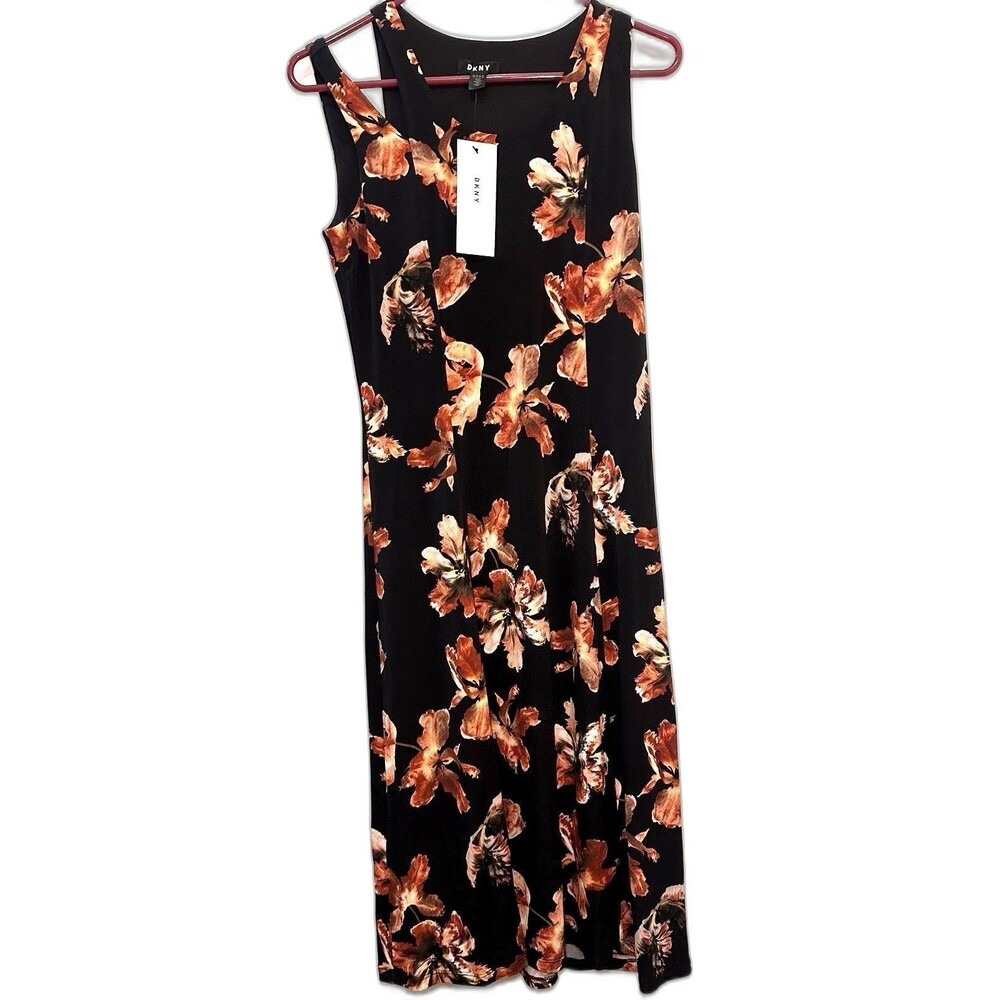 DKNY Black Paprika Floral Sleeveless Midi Dress Size Small NWT Lined Stretch